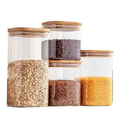 Set 4 Tarros De Almacenamiento Recipientes De Vidrio Tapa de Bambú