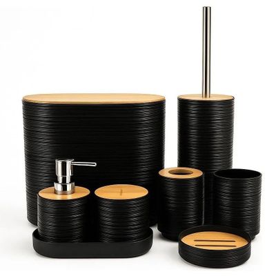 Set De 8 Accesorios Para Baño Con Tapa De Bambu Papelera Wc WakesHome