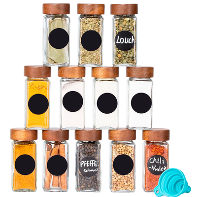 pack 12 Frascos De Especias Tapa De Bambú + Etiquetas Adhesivas WakesHome