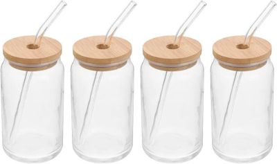 Imagen 1 del producto Pack De 4 Vasos Lata de Vidrio Con Tapa de Bambú y Bombilla 550ml