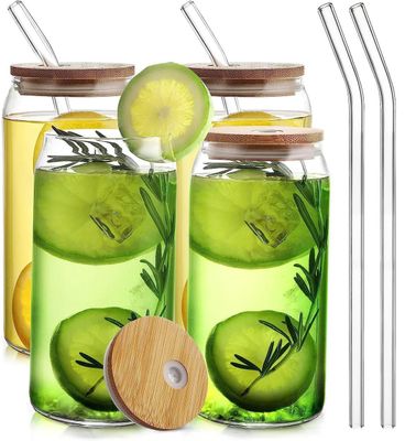 Imagen 2 del producto Pack De 4 Vasos Lata de Vidrio Con Tapa de Bambú y Bombilla 550ml