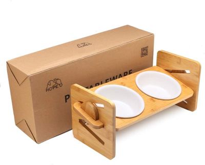 Comedero Bebedero De Mascotas altura Ajustable Cuenco Elevado Bambu WakesHome
