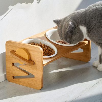 Imagen 2 del producto Comedero Bebedero De Mascotas altura Ajustable Cuenco Elevado Bambu WakesHome