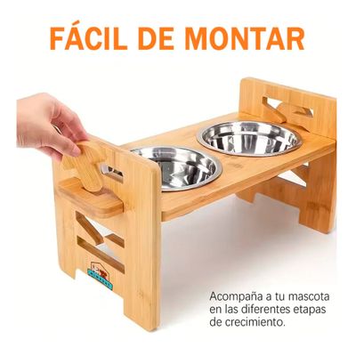 Imagen 2 del producto Comedero Bebedero Elevado Ajustable De Bambu Perros Y Gatos 