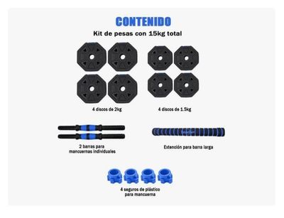 Imagen 2 del producto Kit Mancuernas Y Barra Armable 15kg Pesas Ajustables Fitness
