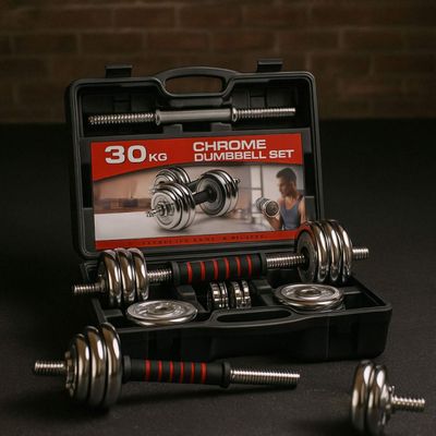 Imagen 2 del producto Juego de Mancuernas 30 Kg Acero Cromadas + Barra y Maletin