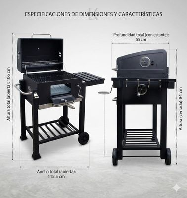 Imagen 2 del producto Parrilla A Carbón BBQ Con Tapa Termómetro Ruedas Para Quincho Jardimex