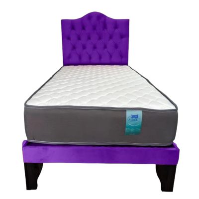 CAMA 1,5 PLAZAS OVALADO 105X190CM + RESPALDO MORADO + COLCHON FLOBAL