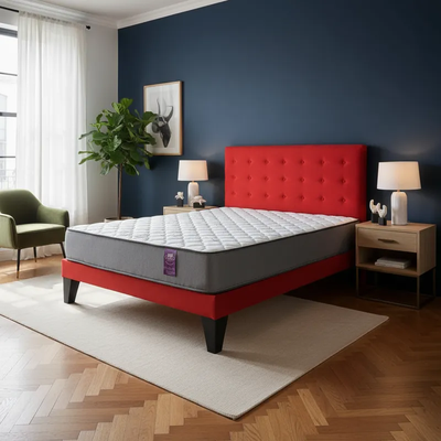 Cama 2 Plazas Abotonada 150X190cm + Respaldo Rojo + Colchon Flobal