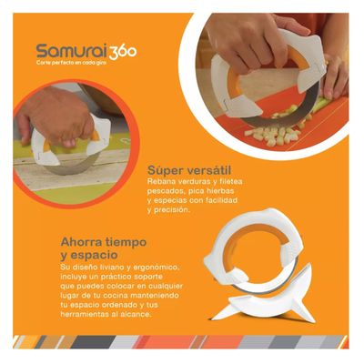 Imagen 2 del producto Cuchillo Circular Giratorio De Acero Inoxidable Mango Ergonómico Samurai 360 Incluye Base
