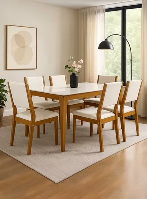 Juego de comedor Romance 160x90 cm Vidrio 6 Sillas Beige