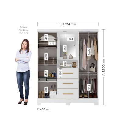 Imagen 2 del producto Closet 4 puertas 3 cajones Versalles 190x46,5x 152,4 Blanco nieve
