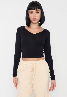 Polera Mujer Manga Larga Negro Cuello V Corona