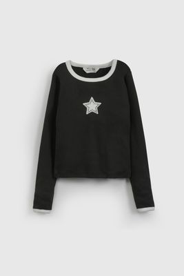 Polera Negra Rib Estrella De Niña POPU1802V26