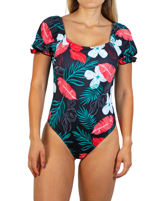 Traje de baño mangas estampado Floral rojo