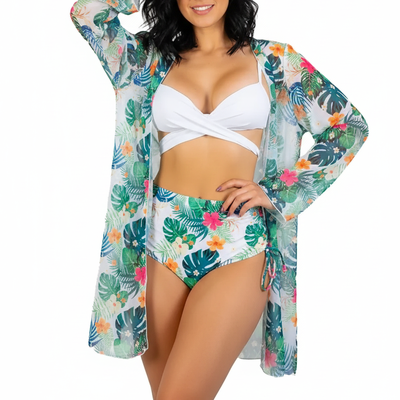 Bikini tiro alto top cruzado Verde floral + kimono