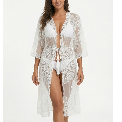 Kimono Largo Blanco Encaje Calado