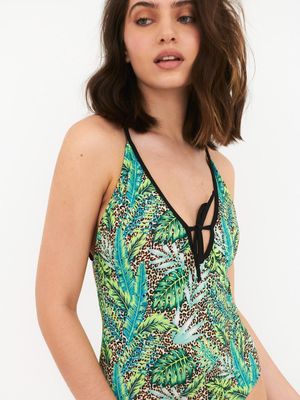 Traje de Baño Daikiri Mujer Sin Espalda Amarra Delantera Animal Print Selva Café Filtro UV50+