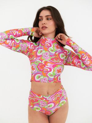 Bikini Surf Daikiri Mujer Manga Larga Calzón Tiro Alto Psicodelico Naranjo Flúor Filtro UV50+