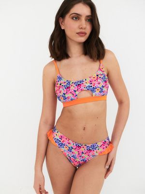 Bikini Daikiri Mujer Deportivo Soporte Calzón Vuelos Flores Celeste Flúor Filtro UV50+
