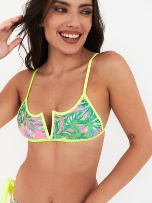Top de Bikini Daikiri Mujer Escote V Hojas Rosa Flúor Filtro UV50+