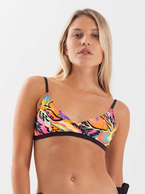 Top de Bikini Daikiri Mujer Triángulo Cruzado Flores Negro Flúor Filtro UV50+