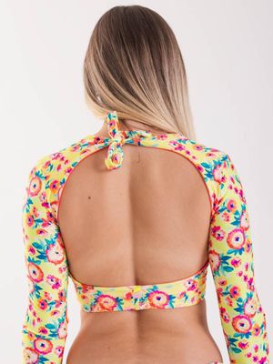 Imagen 2 del producto Polera Surf Daikiri Mujer Manga Larga Espalda Abierta Flores Amarillo Flúor Filtro UV50+