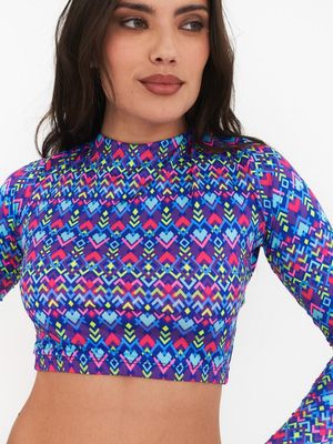 Polera Surf Daikiri Mujer Manga Larga Espalda Abierta Geométrico Azul Flúor Filtro UV50+