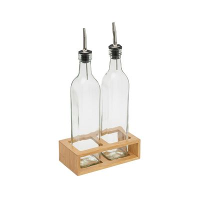 Set Alcuza 3psc Aceite Vinagre 500cc con Soporte Bambú