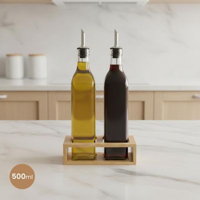 Imagen 2 del producto Set Alcuza 3psc Aceite Vinagre 500cc con Soporte Bambú