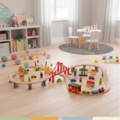 Imagen 2 del producto Pista de Autos y Tren de Madera Juego Didactico 70pcs Bandú