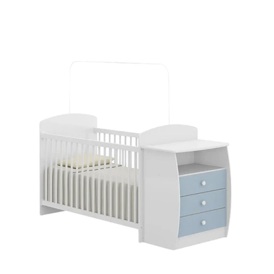 CUNA CON COMODA BLANCA /  CELESTE PREMIUN