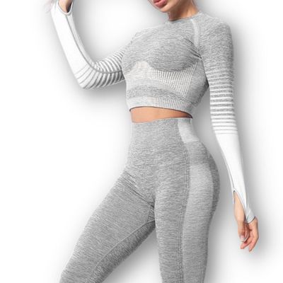 Conjunto Fitness Blanco Gimnasio 2 Piezas Manga Larga Sin Costuras