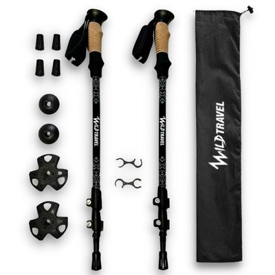 Bastones de trekking Negro Wild Travel 2 unidades, ajustable, de aluminio 7075, resistente, ligero, con cierre abatible de ajuste rápido