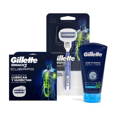 Pack Afeitado Cuerpo Gillette Máquina Mach 3+Repuestos+Crema