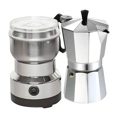 Moledor Eléctrico De Café + Cafetera Italiana Greca 9 Tazas Color Gris