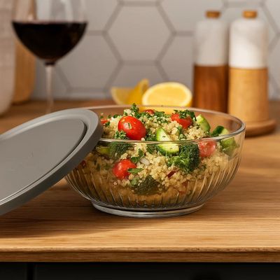 Imagen 2 del producto Set 3 Bowls Tazon 500mL Ensaladera De Vidrio Con Tapa Gris