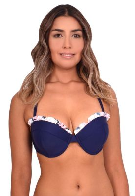 Bikini strapless con vuelos azul