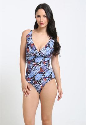 Traje de baño con vuelos estampado azul