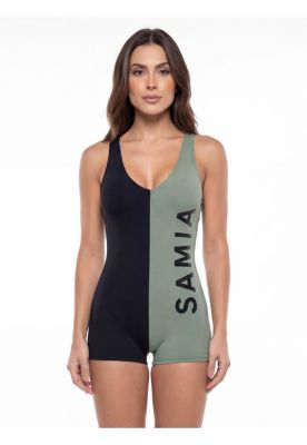 Traje de baño mujer natación pierna corta bicolor verde