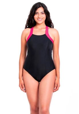 Traje de baño enterito deportivo con cierre negro y fucsia