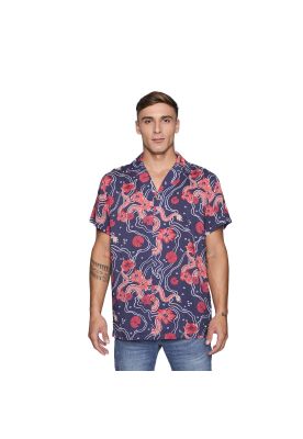 Camisa Reef Men Azul Dragones Rojos y Flores