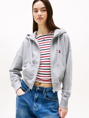 Polerón Hoodie Cropped Con Cierre Gris Q13 Tommy Jeans