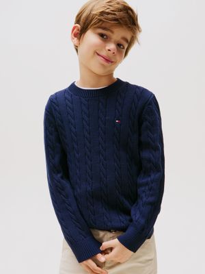 Sweater Trenzado Con Cuello Redondo Azul Tommy Hilfiger