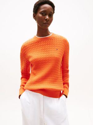 Sweater De Punto Trenzado Naranjo Tommy Hilfiger