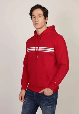 Polerón Hoodie Con Logo Central De Rayas Rojo Tommy Hilfiger