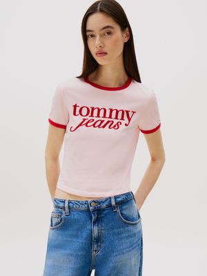 Polera Ringer Con Logo Rosado Tommy Jeans