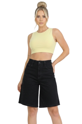 Short Jeans Wide Leg Con Brillos Mujer Tiro Alto Crystal
