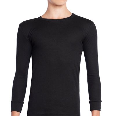 Camiseta Térmica Manga Larga Cuello Polo Algodon Tejido Panal Juvenil Negro