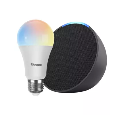Parlante Inteligente Alexa Echo Pop Negro + Ampolleta LED Inteligente RGB